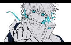 Rule 34 | 1boy, blue eyes, blue hair, character name, colored inner hair, earrings, highres, jacket, jewelry, letterboxed, looking at viewer, male focus, monochrome, multicolored hair, parted lips, pointing, pointing at viewer, reignite, shirasu uni, sketch, smile, solo, tempplex