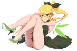 Rule 34 | 1girl, absurdres, armband, ass, bare shoulders, blonde hair, blush, bow, bracelet, braid, breasts, chou shippai-saku, cleavage, dress, full body, green eyes, hair bow, high heels, highres, jewelry, large breasts, leafa, looking at viewer, no socks, panties, pointy ears, ponytail, see-through, sideboob, simple background, sleeveless, smile, solo, sword art online, underwear, white background, wings