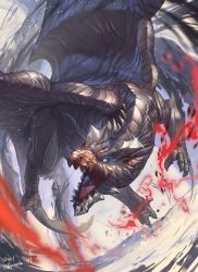 Rule 34 | blue eyes, claws, commentary, dragon, energy, flying, glint, highres, kushala daora, looking to the side, monster hunter (series), no humans, no pupils, open mouth, signature, solo, spareribs, tongue, western dragon