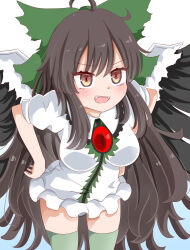 Rule 34 | 1girl, ahoge, bird wings, black wings, blue background, blush, bow, breasts, brown eyes, brown hair, cape, collared shirt, commentary request, cowboy shot, cowlick, frilled shirt, frilled shirt collar, frills, gradient background, green bow, green thighhighs, hair bow, hands on own hips, highres, leaning forward, long hair, looking afar, medium bangs, medium breasts, no pants, open mouth, panties, reiuji utsuho, rozugadena, shirt, short sleeves, smile, solo, teeth, thighhighs, third eye, touhou, underwear, upper teeth only, very long hair, white background, white cape, white panties, white shirt, wings
