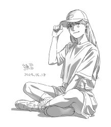 Rule 34 | 1girl, adjusting clothes, adjusting headwear, baseball cap, crossed legs, dated, full body, greyscale, hand on own leg, hat, highres, indian style, long hair, looking at viewer, monochrome, nagasawa reiko (animator), original, shirt, shoes, shorts, signature, simple background, sitting, smile, sneakers, socks, solo