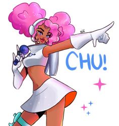 Rule 34 | afro, alternate skin color, crop top, dark skin, gloves, headset, holster, microphone, midriff, miniskirt, navel, pianta celi, pink hair, pointing, red lips, skirt, smile, space channel 5, sparkle, twintails, ulala