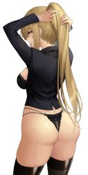 Rule 34 | 1girl, arms up, ass, black bra, black jacket, black panties, black thighhighs, blonde hair, bra, breasts, character request, commission, dungeon and fighter, duplicate, epomeno, hair tie, highres, jacket, large breasts, long hair, long sleeves, mouth hold, open clothes, open jacket, panties, ponytail, red eyes, sideboob, sidelocks, solo, thighhighs, thighs, tying hair, underwear