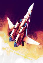 Rule 34 | aircraft, airplane, airplane wing, explosion, fighter jet, flying, from below, highres, jet, macross, macross plus, mecha, military, military vehicle, no humans, robot, roundel, science fiction, strictly mecha, variable fighter, vehicle focus, yf-19