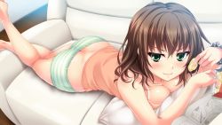Rule 34 | 1girl, ass, breast press, breasts, brown hair, butt crack, camisole, chips (food), couch, dimples of venus, feet up, food, game cg, green eyes, looking at viewer, lying, manga (object), nama love, on stomach, panties, potato chips, sakaki mio, smile, smug, solo, striped clothes, striped panties, suien, suterii, underwear