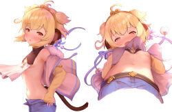 Rule 34 | 1girl, ahoge, andira (granblue fantasy), animal ears, blonde hair, blue shorts, blush, breasts, denim, denim shorts, erune, from below, granblue fantasy, kimblee, looking at viewer, looking down, monkey ears, monkey girl, monkey tail, orange eyes, shorts, small breasts, solo, tail, underboob