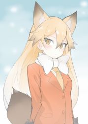 Rule 34 | 10s, 1girl, animal ears, bad id, bad pixiv id, blonde hair, blush, buttons, ezo red fox (kemono friends), fox ears, fox tail, gradient hair, hair between eyes, jacket, kemono friends, long hair, looking at viewer, mobu, multicolored hair, muted color, neck ribbon, necktie, orange jacket, ribbon, snowing, solo, standing, tail, tsurime, upper body, very long hair, white hair, white ribbon, yellow eyes, yellow necktie