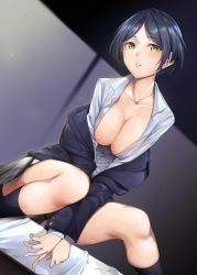 Rule 34 | 10s, 1girl, areola slip, arms between legs, black legwear, blue hair, blue jacket, blush, breasts, cleavage, collarbone, dress shirt, hayami kanade, highres, idolmaster, idolmaster cinderella girls, indoors, jacket, jewelry, large breasts, looking at viewer, necklace, off shoulder, on bed, open clothes, open jacket, parted bangs, parted lips, pendant, plaid, plaid skirt, pleated skirt, shirt, short hair, sitting, skirt, solo, spread legs, sweat, tomohiro kai, unbuttoned, unbuttoned shirt, yellow eyes