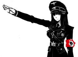 Rule 34 | 1girl, artist request, belt buckle, black eyes, black hair, breasts, buckle, copyright request, hat, large breasts, looking at viewer, medal, military, military uniform, nazi, nazi party pin, necktie, oekaki, peaked cap, salute, straight-arm salute, straight hair, uniform