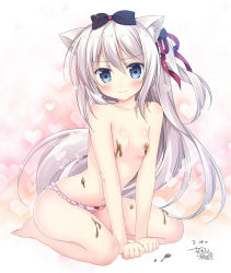 Rule 34 | 1girl, 3:, animal ears, areola slip, azur lane, bare legs, barefoot, bent over, blue eyes, bow, cat ears, chocolate, chocolate on body, chocolate on breasts, collarbone, commentary request, flat chest, food on body, frilled panties, frills, hair between eyes, hair bow, hair ribbon, hammann (azur lane), highres, korie riko, long hair, looking at viewer, navel, panties, pink panties, ribbon, silver hair, simple background, sitting, solo, sweat, topless, underwear, underwear only, very long hair, wariza, white background