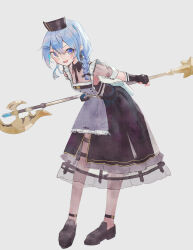 Rule 34 | 1girl, absurdres, ankle strap, apron, bardiche (weapon), black dress, black gloves, black pantyhose, blue eyes, blue hair, braid, breasts, brianlee709, cleavage, collared dress, crinoline, dress, fingerless gloves, full body, gloves, grey apron, hair between eyes, hair ornament, hair over shoulder, hairclip, hat, highres, holding, holding weapon, hololive, hoshimachi suisei, hoshimachi suisei (maid), leaning forward, light blush, looking at viewer, maid, medium hair, nurse cap, official alternate costume, official alternate hairstyle, open mouth, pantyhose, polearm, puffy short sleeves, puffy sleeves, see-through, see-through cleavage, see-through sleeves, short sleeves, side braid, side slit, single braid, small breasts, smile, solo, star (symbol), star in eye, symbol in eye, virtual youtuber, weapon