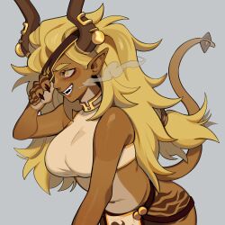 Rule 34 | 1girl, absurdres, adjusting eyepatch, alta (porqueloin), blonde hair, brown horns, eyepatch, eyepatch lift, fangs, from side, grin, hand up, highres, horn ornament, horns, loincloth, long hair, looking ahead, midriff, monster girl, navel, orange eyes, original, pelvic curtain, pointy ears, porqueloin, reptile girl, sharp teeth, smile, smoke from mouth, solo, sports bra, tail, teeth, upper body, white sports bra