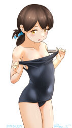 Rule 34 | 1girl, black hair, black one-piece swimsuit, blue ribbon, blush, brown eyes, covered navel, dated, folded ponytail, kantai collection, kasuga maru (kancolle), long hair, looking at viewer, old school swimsuit, one-piece swimsuit, open mouth, ray.s, ribbon, school swimsuit, simple background, solo, swimsuit, taiyou (kancolle), twitter username