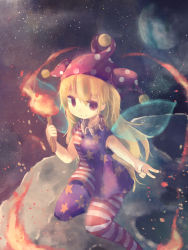 Rule 34 | 1girl, american flag dress, american flag legwear, blonde hair, chii (tsumami tsumamare), clownpiece, earth (planet), fairy wings, fire, hat, highres, jester cap, long hair, looking to the side, moon, planet, purple eyes, short sleeves, slit pupils, smile, solo, space, torch, touhou, v, very long hair, wings