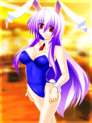 Rule 34 | 1girl, animal ears, bow, bowtie, breasts, cleavage, detached collar, engo (aquawatery), female focus, highres, large breasts, leotard, long hair, necktie, playboy bunny, purple hair, rabbit ears, rabbit girl, rabbit tail, red eyes, red necktie, reisen udongein inaba, solo, tail, touhou, wrist cuffs