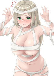 Rule 34 | 1girl, ^^^, bandages, blonde hair, blush, breasts, closed mouth, commentary request, glasses, hands up, highres, kantai collection, katori (kancolle), large breasts, long hair, looking at viewer, naked bandage, navel, simple background, solo, sweat, takomeshi, white background