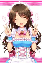 Rule 34 | 1girl, absurdres, apron, back bow, blue skirt, bow, bowtie, braid, breasts, brown hair, choker, cleavage, closed eyes, double w, frilled apron, frills, hair between eyes, hair ribbon, highres, idolmaster, idolmaster cinderella girls, long hair, maid, maid headdress, medium breasts, open mouth, paopao, pink bow, pink bowtie, pink ribbon, ribbon, shimamura uzuki, short sleeves, side braid, skirt, smile, solo, standing, striped bow, striped bowtie, striped clothes, striped neckwear, striped ribbon, upper body, very long hair, w, white apron, wrist cuffs