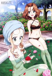 Rule 34 | 2girls, :d, absurdres, azumi (girls und panzer), bare shoulders, bikini, blonde hair, blue eyes, blush, breasts, brown bikini, brown hair, bush, cleavage, criss-cross halter, drill hair, flower, girls und panzer, green eyes, halterneck, highres, large breasts, long hair, magazine scan, marie (girls und panzer), medium breasts, megami magazine, multiple girls, navel, official art, open mouth, outdoors, parted bangs, partially submerged, petals, pool, poolside, rose, rose bush, rose petals, scan, school connection, short hair, sitting, smile, sugimoto isao, swimsuit, water, white bikini