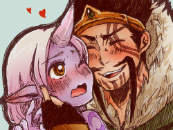 Rule 34 | 1boy, 1girl, blush, draven, closed eyes, facial hair, facial tattoo, fingerless gloves, gloves, hand on another&#039;s face, horns, league of legends, long hair, mustache, one eye closed, otani (kota12ro08), pointy ears, single horn, smile, soraka (league of legends), tattoo, yellow eyes