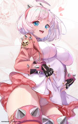 Rule 34 | 1girl, ahoge, blue eyes, bob cut, breasts, covered navel, cowboy shot, dress, elphelt valentine, fingerless gloves, frilled dress, frills, from below, gloves, guilty gear, guilty gear strive, hairband, heart, highres, hong (white spider), impossible clothes, impossible dress, jacket, large breasts, looking at viewer, medium hair, open clothes, open jacket, open mouth, panties, pantyshot, patreon username, pink hair, pink jacket, pink thighhighs, short dress, smile, solo, spiked hairband, spiked legwear, spikes, thighhighs, underwear, white hair, white panties, zoom layer