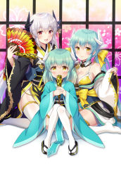 Rule 34 | 3girls, :d, aged down, bare shoulders, bikini, black kimono, blue hair, blue kimono, blush, collarbone, commentary request, covering own mouth, dragon girl, dragon horns, fate/grand order, fate (series), folding fan, hand fan, highres, holding, holding fan, horns, japanese clothes, kimono, kiyohime (fate), kiyohime (fate/grand order), kiyohime (swimsuit lancer) (fate), kiyohime (swimsuit lancer) (first ascension) (fate), kiyohime (third ascension) (fate), looking at viewer, multiple girls, multiple horns, multiple persona, open mouth, red eyes, silver hair, sitting, smile, suzumia (daydream), swimsuit, thighhighs, white legwear, yellow bikini, yellow eyes