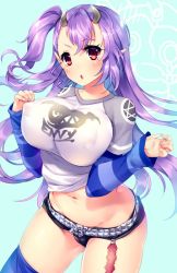 Rule 34 | 1girl, blue thighhighs, blush, breasts, covered erect nipples, demon girl, horns, kinosaki reisui, large breasts, leviathan (the seven deadly sins), leviathan (the seven deadly sins), long hair, long sleeves, looking at viewer, navel, one side up, open mouth, pointy ears, purple hair, raglan sleeves, red eyes, shirt, short shorts, shorts, sin nanatsu no taizai, solo, striped, t-shirt, the seven deadly sins, thighhighs