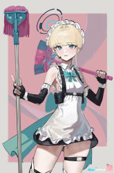 Rule 34 | 1girl, absurdres, blonde hair, blue archive, blue bow, blue eyes, bow, broom, collared dress, dress, earpiece, elbow gloves, fingerless gloves, gloves, halo, highres, holding, holding broom, holding mop, maid headdress, mop, mr tangsuyuk, short hair, solo, standing, thigh strap, thighhighs, toki (blue archive), white dress