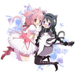Rule 34 | 10s, 2girls, :o, akemi homura, alternate hairstyle, animal ears, bad id, bad pixiv id, black hair, boots, braid, bubble skirt, cat ears, cat tail, choker, glasses, gloves, hairband, highres, holding hands, interlocked fingers, kaname madoka, kemonomimi mode, long hair, magical girl, mahou shoujo madoka magica, mahou shoujo madoka magica (anime), multiple girls, nono (noxno), own hands together, pantyhose, pink eyes, pink hair, puffy sleeves, purple eyes, red-framed eyewear, shoes, short hair, short twintails, skirt, smile, spoilers, star (symbol), tail, twin braids, twintails, white gloves