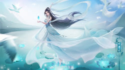 Rule 34 | 1girl, absurdres, aqua theme, arm up, barefoot, bird, black hair, closed mouth, dress, earrings, floating, floating object, flower, full body, hair bun, hair ornament, highres, jewelry, lily pad, ling qingzhu (wu dong qian kun), long hair, lotus, may yaya, second-party source, smile, solo, white dress, wu dong qian kun