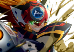 Rule 34 | 1boy, android, axl (mega man), blurry, blurry foreground, brown hair, clenched teeth, commentary request, dust, green eyes, gun, handgun, helmet, holding, holding gun, holding weapon, looking at viewer, male focus, mega man (series), mega man x: command mission, mega man x (series), open mouth, parco 1315, pistol, robot, scar, scar on face, simple background, solo, teeth, upper body, weapon, white background