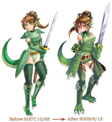 Rule 34 | armor, before and after, belt, blush, claws, comparison, hair ribbon, kenkou cross, lizard, lizardman (monster girl encyclopedia), monster girl, monster girl encyclopedia, ponytail, reptile girl, ribbon, scales, sword, tail, weapon, yellow eyes