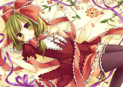 Rule 34 | 1girl, :&lt;, amane kurumi, black thighhighs, bow, dress, female focus, flower, frilled thighhighs, frills, front ponytail, green eyes, green hair, hair bow, hair ribbon, hand on another&#039;s chest, hand on own chest, kagiyama hina, long hair, lying, matching hair/eyes, on back, red dress, ribbon, short hair, solo, staring, thighhighs, touhou, zettai ryouiki