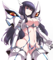 Rule 34 | 10s, 1girl, bad id, bad pixiv id, black hair, breasts, cleavage, elbow gloves, eyebrows, gloves, junketsu, kill la kill, kiryuuin satsuki, large breasts, long hair, moisture (chichi), navel, revealing clothes, simple background, solo, sword, very long hair, weapon, white background, white gloves, white legwear