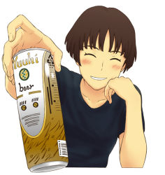 Rule 34 | 00s, 1girl, alcohol, beer, beer can, black shirt, blouse, brown hair, can, drink can, gake no ue no ponyo, jas (littlecrime), lisa (ponyo), shirt, short hair, simple background, smile, solo, studio ghibli