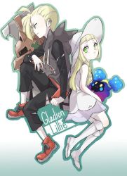 Rule 34 | 1boy, 1girl, black pants, blonde hair, braid, brother and sister, character name, cosmog, creatures (company), dress, from side, game freak, gen 7 pokemon, gladion (pokemon), green eyes, hat, legendary pokemon, lillie (pokemon), long hair, long sleeves, looking to the side, nintendo, npc trainer, oekkim, pants, pokemon, pokemon (creature), pokemon sm, short hair, siblings, sleeveless, sleeveless dress, sun hat, torn clothes, torn pants, twin braids, type: null, white dress, white hat