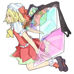 Rule 34 | 1girl, ascot, blonde hair, bobby socks, bow, closed mouth, collared shirt, crystal, flandre scarlet, frilled shirt collar, frilled vest, frills, from side, full body, hat, hat bow, highres, ikura wataru, light smile, medium hair, mob cap, multicolored wings, one side up, puffy short sleeves, puffy sleeves, red bow, red eyes, red skirt, red vest, shirt, shoes, short sleeves, skirt, socks, solo, touhou, transparent background, vest, white hat, white shirt, white socks, wings, yellow ascot