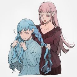 Rule 34 | 2girls, alternate costume, bags under eyes, blue dress, blue hair, blunt bangs, blush, braid, braiding hair, breasts, closed eyes, closed mouth, collar, cowboy shot, cropped torso, dress, female focus, fire emblem, fire emblem: three houses, frilled collar, frilled sleeves, frills, frown, grey background, hair down, hairdressing, highres, hilda valentine goneril, holding another&#039;s hair, jitome, light blue hair, long hair, long sleeves, marianne von edmund, matching hair/eyes, medium breasts, multiple girls, nintendo, open mouth, pink eyes, pink hair, purple dress, shishima eichi, simple background, sleepwear, sleepy, straight hair, tears, tying another&#039;s hair, tying hair