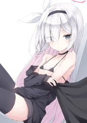 Rule 34 | 1girl, plana (blue archive), bikini, black bikini, black choker, black eyes, black hair, black thighhighs, blue archive, bow, braid, choker, colored inner hair, eyes visible through hair, flat chest, hair bow, hair over one eye, halo, highres, long hair, looking at viewer, multicolored hair, off shoulder, pink hair, red pupils, single braid, solo, swimsuit, thighhighs, usamiusamimii, very long hair, white bow, white hair
