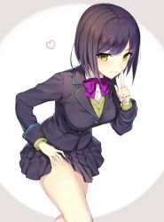 Rule 34 | 1girl, black jacket, black skirt, blazer, blush, bow, bowtie, breasts, closed mouth, clothes lift, green eyes, hand up, heart, highres, icomochi, index finger raised, jacket, leaning forward, lifted by self, long sleeves, looking at viewer, medium breasts, miniskirt, mole, mole under eye, nijisanji, pleated skirt, purple bow, purple bowtie, purple eyes, school uniform, shizuka rin, short hair, skirt, skirt lift, sleeve cuffs, solo, standing, thighs, virtual youtuber