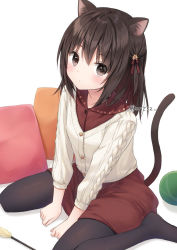 Rule 34 | 1girl, animal ear fluff, animal ears, between legs, black hair, black pantyhose, blush, brown eyes, brown shirt, brown skirt, cat ears, cat girl, cat tail, cat teaser, closed mouth, collared shirt, commentary request, dress shirt, hair between eyes, hand between legs, jacket, long sleeves, looking at viewer, no shoes, one side up, original, pantyhose, pillow, shirt, sitting, skirt, solo, tail, tail raised, twitter username, wariza, white background, white jacket, yumoran