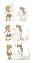 Rule 34 | !, !!, &gt; &lt;, 10s, 2girls, ahoge, bare shoulders, book, brown hair, chair, covering face, desk, detached sleeves, embarrassed, english text, closed eyes, female admiral (kancolle), hat, headgear, highres, japanese clothes, kantai collection, kneehighs, kongou (kancolle), long hair, military, military uniform, multiple girls, naval uniform, nontraditional miko, o o, open mouth, peaked cap, pleated skirt, prhs (hatmaker), skirt, smile, socks, sparkle, uniform