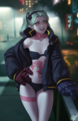 Rule 34 | 1girl, :d, artificial eye, artist name, black bra, black jacket, black panties, blurry, blurry background, bottomless, bra, breasts, colored sclera, commentary, cyberpunk (series), cyberpunk edgerunners, cyborg, dress, fewer digits, green hair, hand on own hip, hand on railing, highres, jacket, leg tattoo, long hair, long sleeves, looking at viewer, mechanical arms, mechanical eye, mechanical hands, navel, neck tattoo, night, off-shoulder dress, off shoulder, open clothes, open jacket, open mouth, outdoors, oversized forearms, oversized limbs, pale skin, panties, parted bangs, personal ami, petite, pink tattoo, railing, rebecca (cyberpunk), red pupils, red sclera, samurai jacket (cyberpunk), signature, single bare shoulder, small breasts, smile, solo, stomach tattoo, tattoo, twintails, underwear, yellow eyes