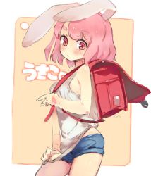 1girl animal_ears backpack bag denim denim_shorts female_focus original pink_eyes pink_hair rabbit_ears raku randoseru shirt_tug short_hair shorts solo