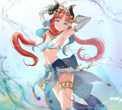 Rule 34 | 1girl, absurdres, arms up, blue skirt, breasts, circlet, closed mouth, crop top, detached sleeves, fingernails, floating hair, forehead jewel, genshin impact, gold trim, hancho, harem outfit, highres, horns, jewelry, long fingernails, long hair, long sleeves, looking at viewer, low twintails, midriff, navel, neck ring, nilou (genshin impact), panties, parted bangs, pelvic curtain, puffy long sleeves, puffy sleeves, red hair, skirt, small breasts, smile, solo, stomach, thighlet, thighs, twintails, underwear, vambraces, veil, vision (genshin impact), water, white panties