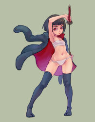 Rule 34 | 1girl, armpits, brown hair, cape, fundoshi, jacket, jacket on shoulders, japanese clothes, katana, midriff, navel, red eyes, sarashi, short hair, simple background, solo, standing, sword, thighhighs, weapon, weno