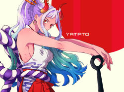 Rule 34 | 1girl, ahoge, bare arms, bare shoulders, blue hair, breasts, character name, closed mouth, club, club (weapon), curled horns, earrings, expressionless, fingernails, floating hair, from side, gradient hair, green hair, hair ornament, hair stick, hakama, hakama skirt, hands on hilt, high ponytail, horns, japanese clothes, jewelry, kanabou, kataginu, long hair, looking at viewer, medium breasts, multicolored hair, multicolored horns, nail polish, one piece, oni, outstretched arms, planted, purple hair, red eyes, red horns, red nails, ribs, rope, shimenawa, sideboob, skirt, solo, szk (szkintama), upper body, very long hair, weapon, yamato (one piece), yellow horns