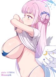 Rule 34 | 1girl, bikini, blue archive, breasts, clothes lift, highres, large breasts, long hair, micro bikini, mika (blue archive), navel, pink hair, pixiv id, shirt lift, sideboob, solo, sseopik, stomach, swimsuit, underboob, wings, yellow eyes