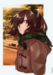 Rule 34 | 1girl, absurdres, blurry, blurry background, brown coat, brown eyes, brown hair, coat, cropped torso, f a t a l e, headgear, highres, looking at viewer, plaid, plaid scarf, road, scarf, short hair, solo, touhoku kiritan, upper body, voiceroid