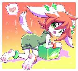 Rule 34 | 1girl, all fours, animal ears, ass, barefoot, blush stickers, bodysuit, bone, bracelet, cube, dog ears, dog tail, eyebrows hidden by hair, freedom planet, from behind, galaxytrail, gradient background, green eyes, heart, hood, hooded bodysuit, jewelry, long ears, looking back, milla basset, nollety, open mouth, orange hair, paw print, pawpads, short hair, simple background, sleeveless, smile, solo, spoken heart, tail, tail wagging