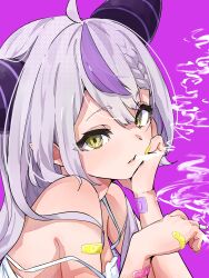 Rule 34 | 1girl, absurdres, ahoge, alternate costume, bandaid, bandaid on arm, bandaid on hand, bare shoulders, braid, braided bangs, cigarette, eru (l illust45), grey hair, hand on own face, highres, hololive, horns, la+ darknesss, long hair, looking at viewer, multicolored hair, pointy ears, purple hair, smoke, smoking, streaked hair, striped horns, virtual youtuber, yellow eyes, yellow nails